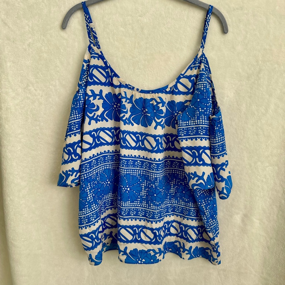 Corsage Blue White Print Cold Shoulder Blouse Top Size Medium